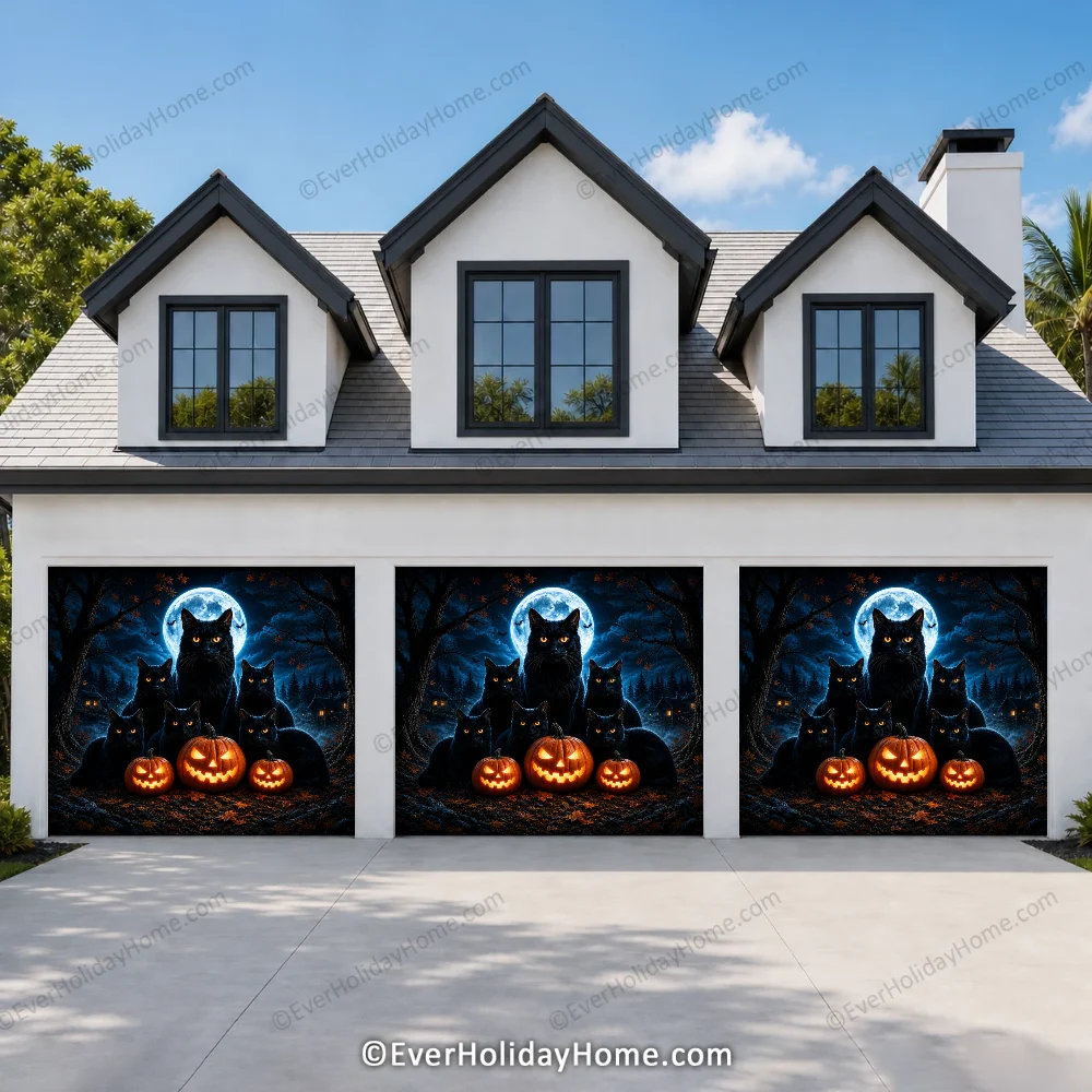 Witching Whiskers (Glow)| Black Cat Halloween Garage Door Cover