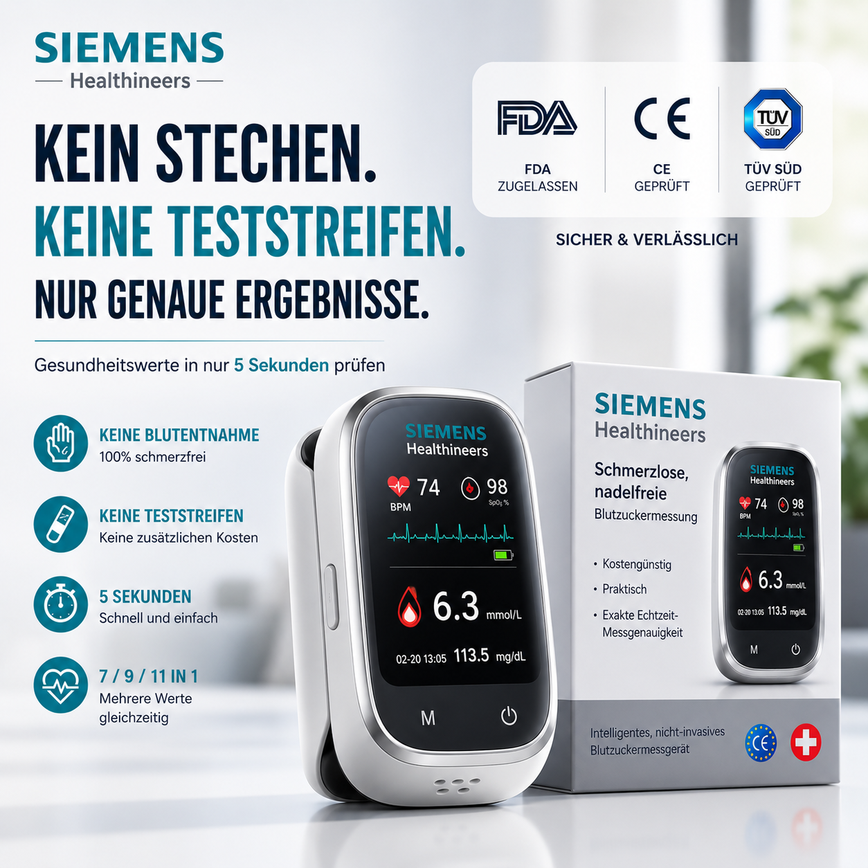 🩸 Siemens™ 11-in-1 Stichfreies Blutzuckermessgerät Ohne Stechen • Keine Teststreifen • Ergebnisse in nur 5 Sekunden