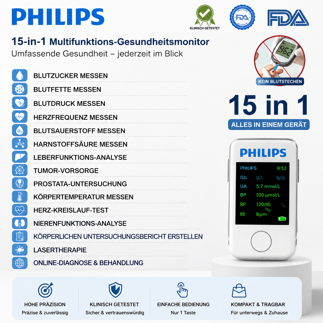 【15 in 1】Philips 2026 Neue Generation: Schmerzfrei, nicht-invasiv und ohne Teststreifen