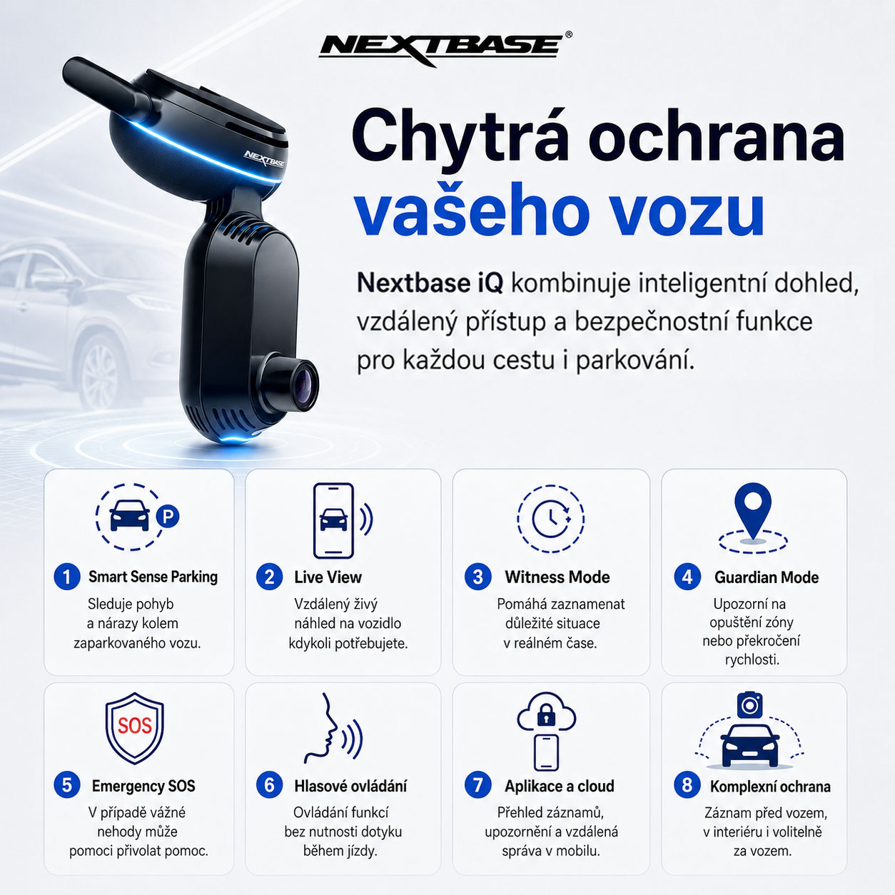 Nextbase iQ Smart Dash Cam poskytuje inteligentní ochranu během jízdy i při parkování. Díky 4K záznamu, 4G připojení, režimu Guardian a nouzovému SOS máte své vozidlo neustále pod kontrolou.