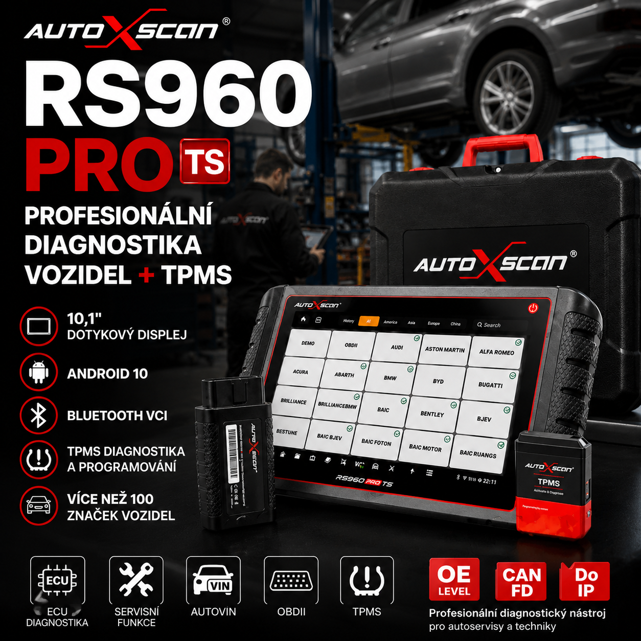 AUTOXSCAN RS960 PRO je profesionální diagnostický přístroj pro automobily, který podporuje skenování celého systému, analýzu závad a diagnostiku a programování TPMS, což umožňuje rychlé a přesné řešení problémů s vozidlem.
