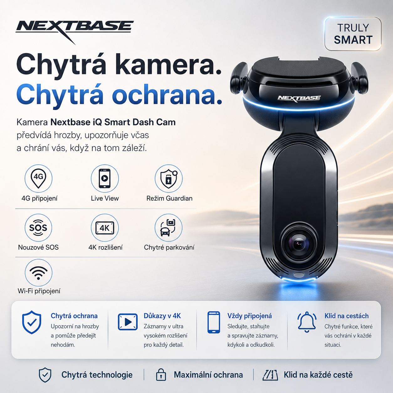 Nextbase iQ Smart Dash Cam poskytuje inteligentní ochranu během jízdy i při parkování. Díky 4K záznamu, 4G připojení, režimu Guardian a nouzovému SOS máte své vozidlo neustále pod kontrolou.