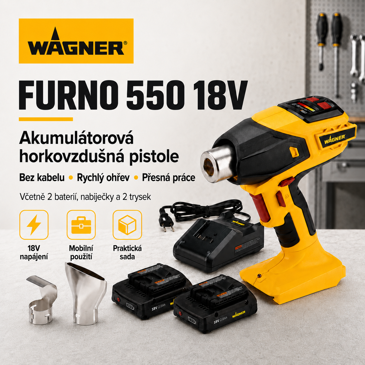 WAGNER FURNO 550 18V Akumulátorová horkovzdušná pistole | Výkonné vytápění, bezdrátová svoboda – vhodná pro domácí i profesionální použití