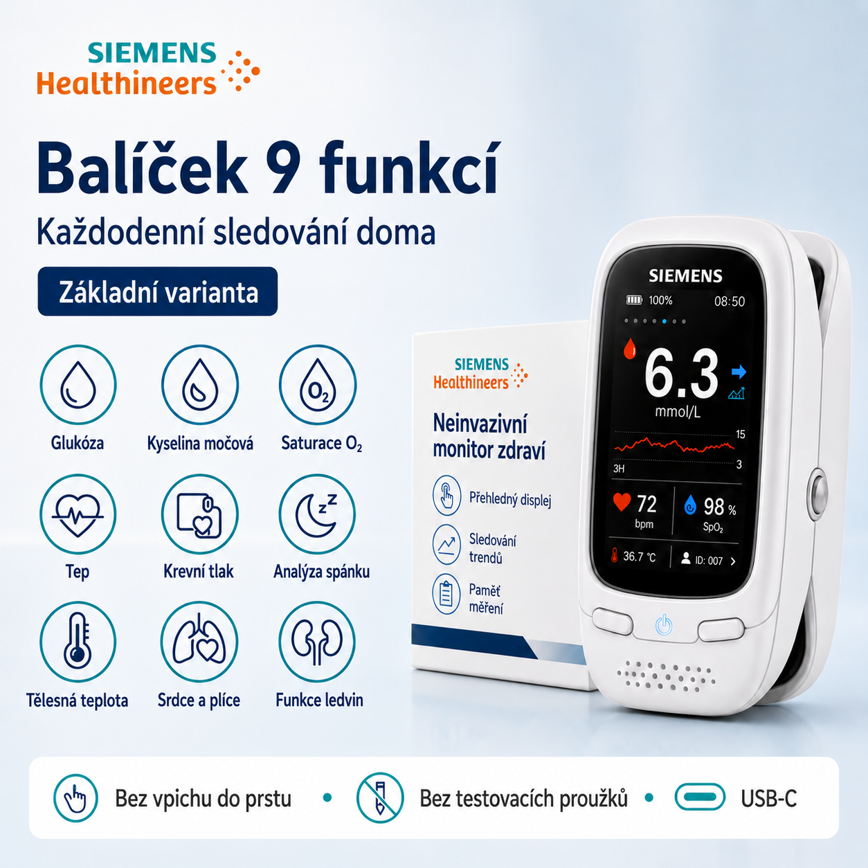 🩸 Nový neinvazivní glukometr Siemens 11 v 1 | Bezbolestné domácí měření glukózy 📊