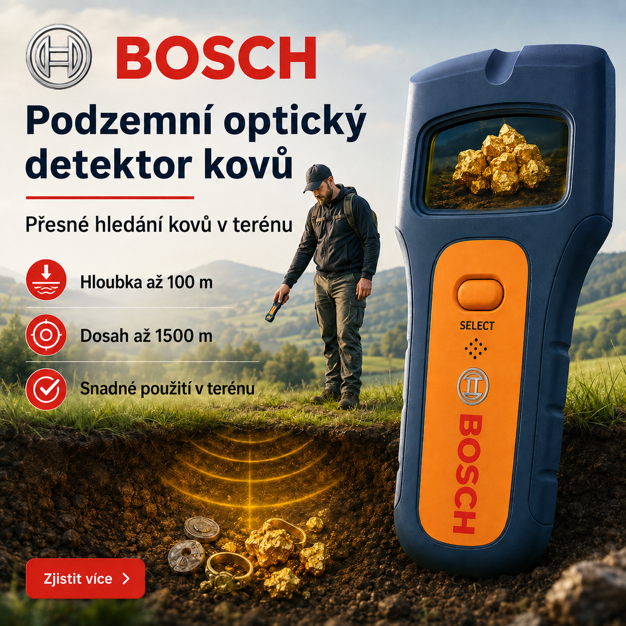 Optický detektor kovů Bosch vám pomůže rychle a přesně lokalizovat kovové předměty pod zemí pomocí přehledné barevné vizualizace.
