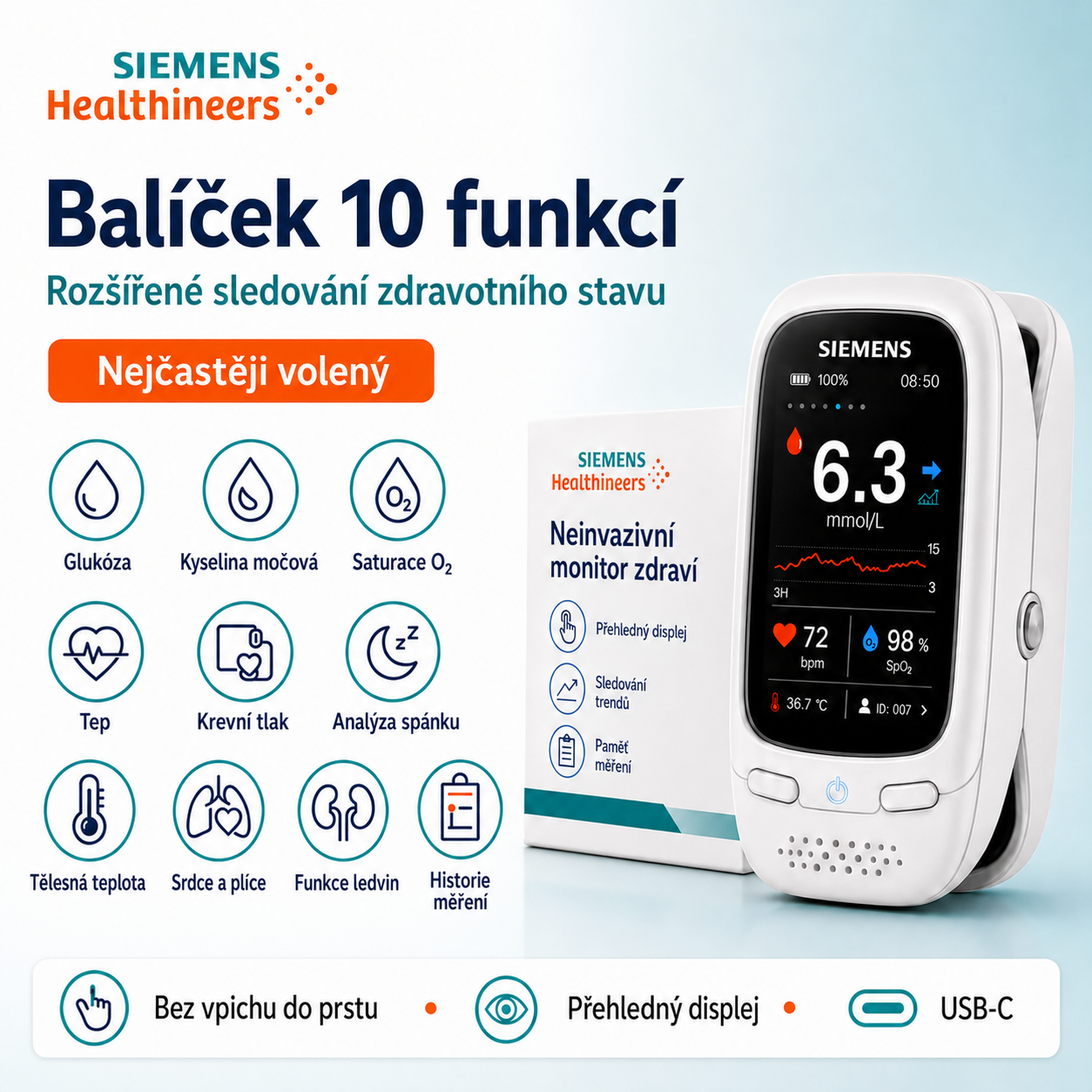 🩸 Nový neinvazivní glukometr Siemens 11 v 1 | Bezbolestné domácí měření glukózy 📊