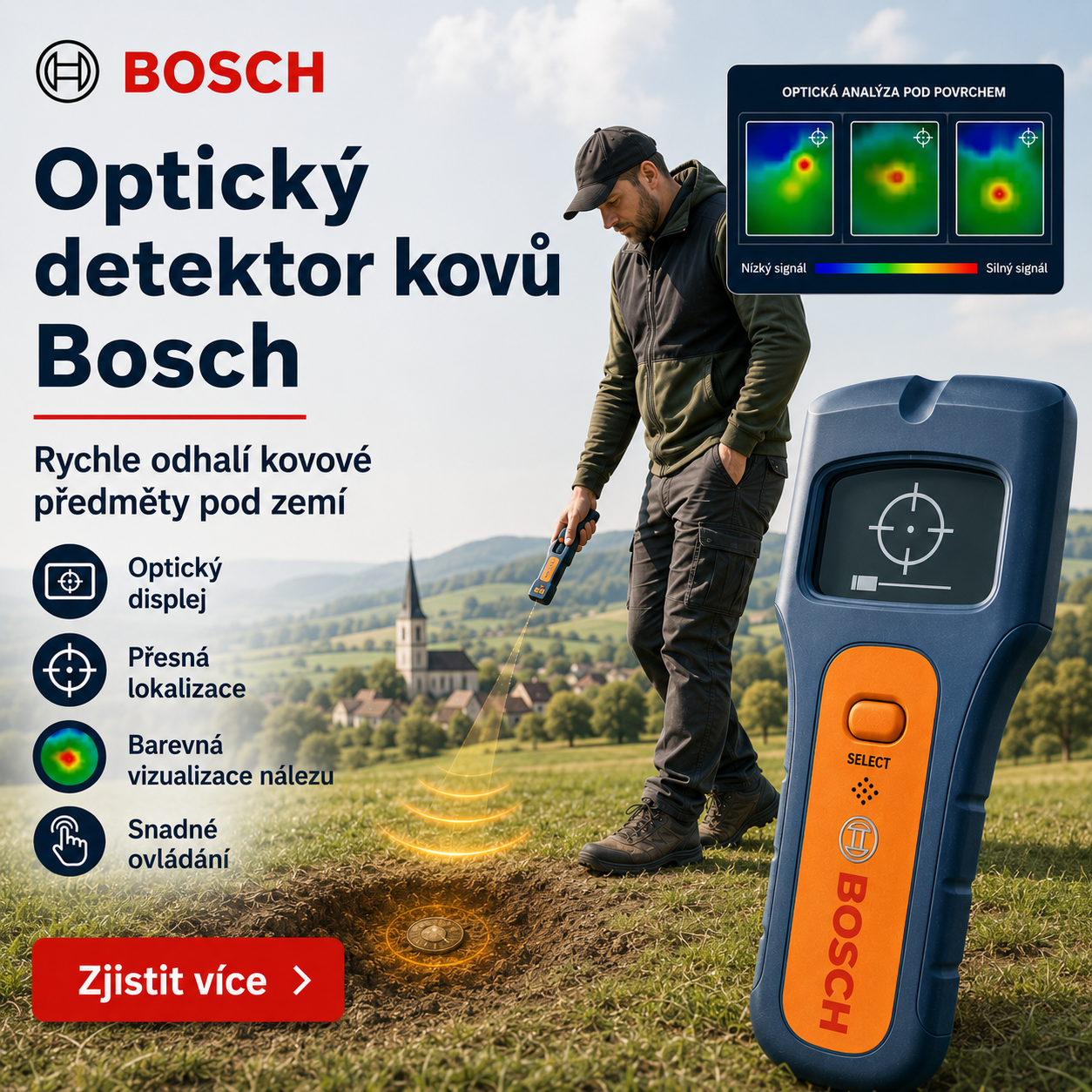 Optický detektor kovů Bosch vám pomůže rychle a přesně lokalizovat kovové předměty pod zemí pomocí přehledné barevné vizualizace.