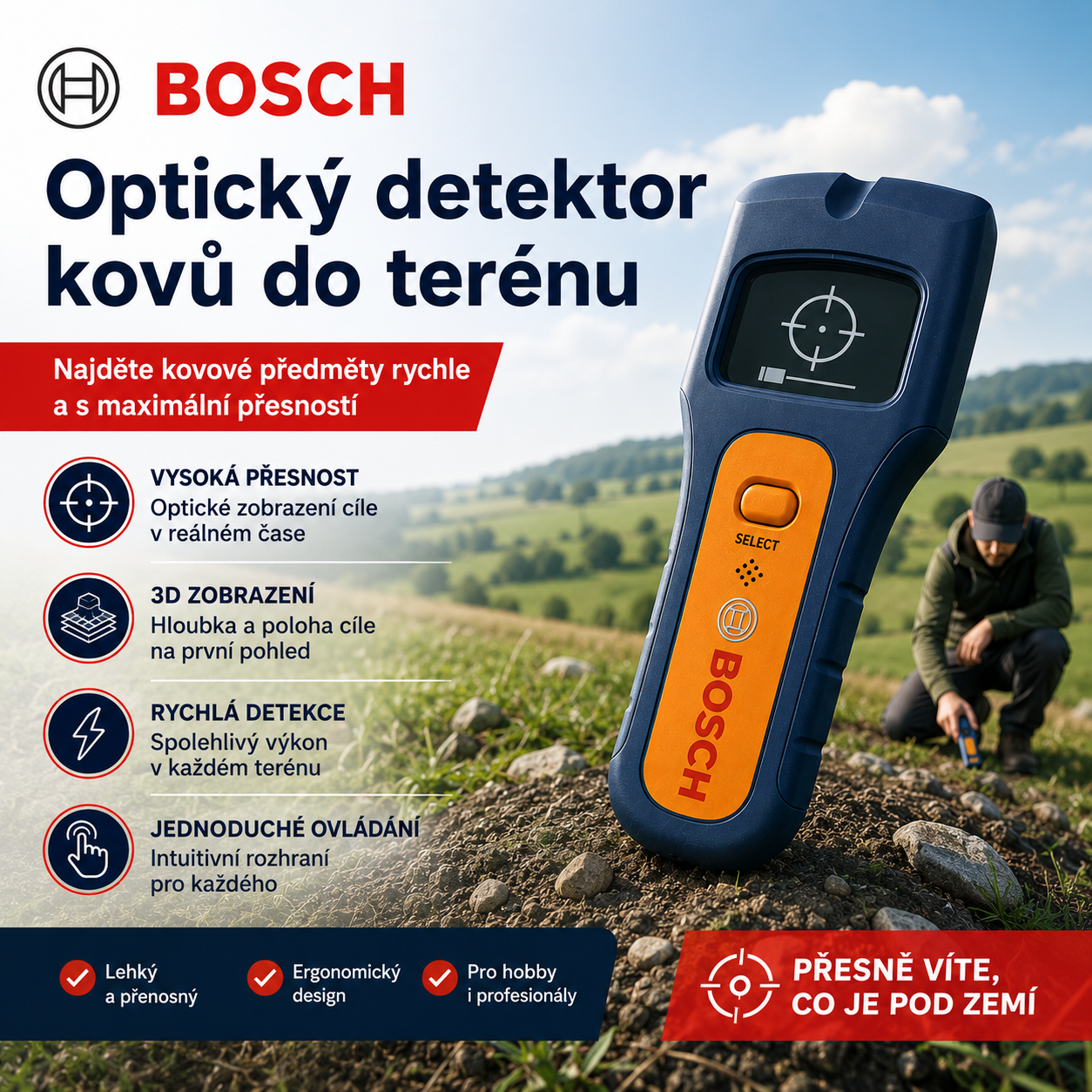 Optický detektor kovů Bosch vám pomůže rychle a přesně lokalizovat kovové předměty pod zemí pomocí přehledné barevné vizualizace.