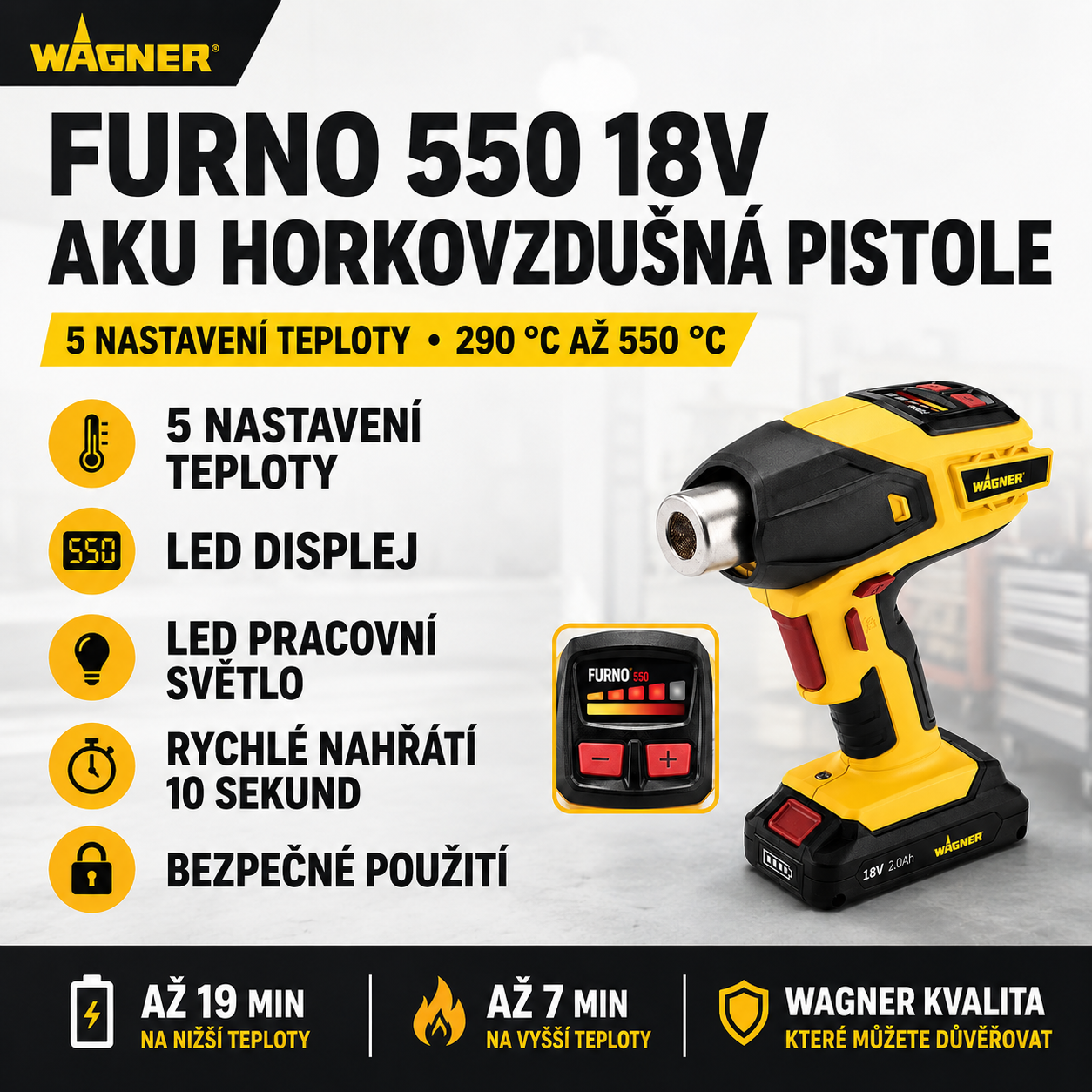 WAGNER FURNO 550 18V Akumulátorová horkovzdušná pistole | Výkonné vytápění, bezdrátová svoboda – vhodná pro domácí i profesionální použití