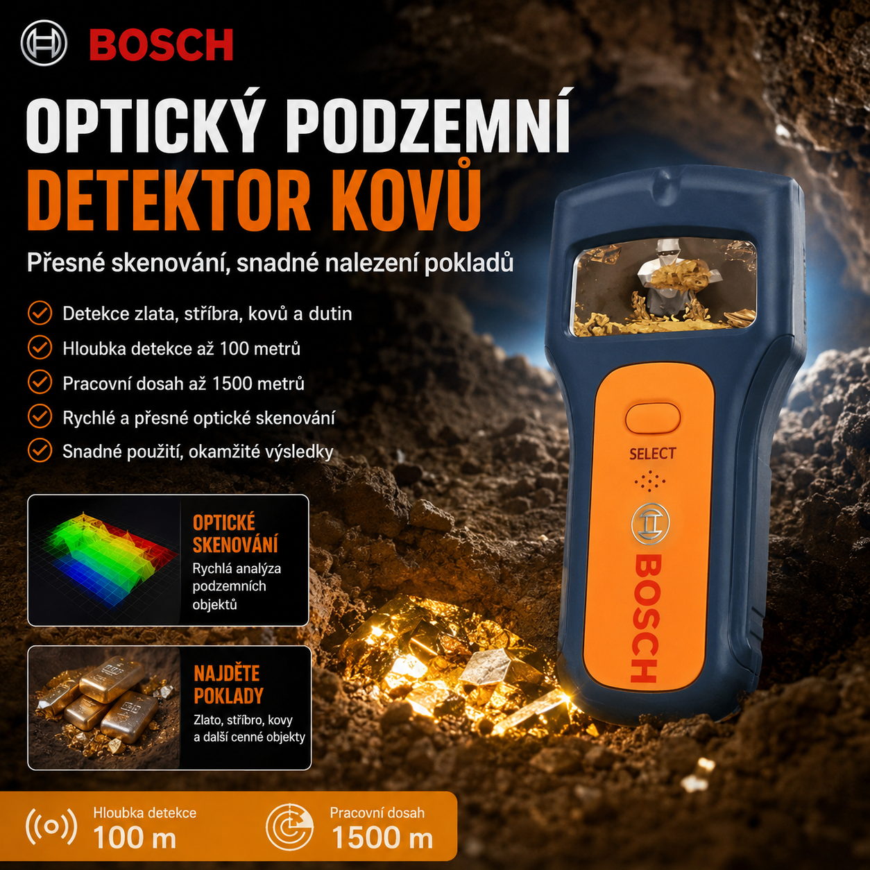 Optický detektor kovů Bosch vám pomůže rychle a přesně lokalizovat kovové předměty pod zemí pomocí přehledné barevné vizualizace.