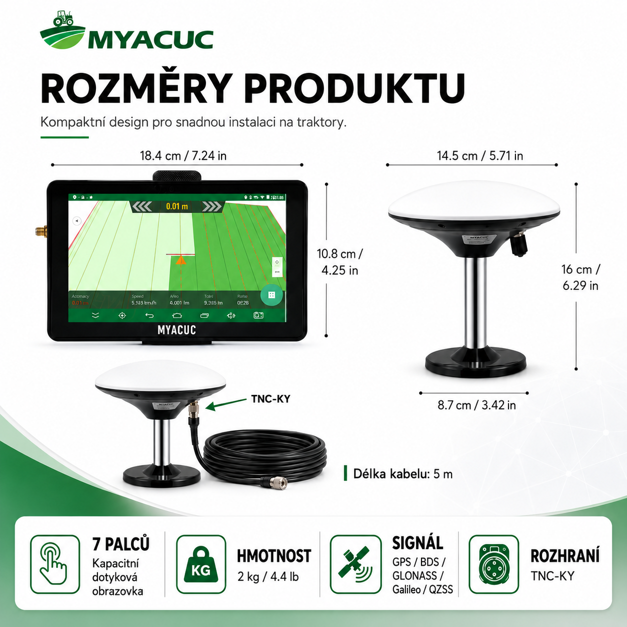 Inteligentní navigační systém pro zemědělské stroje MYACUC: Přesně vede každou pracovní trasu, díky čemuž je zemědělství efektivnější a bezstarostnější.