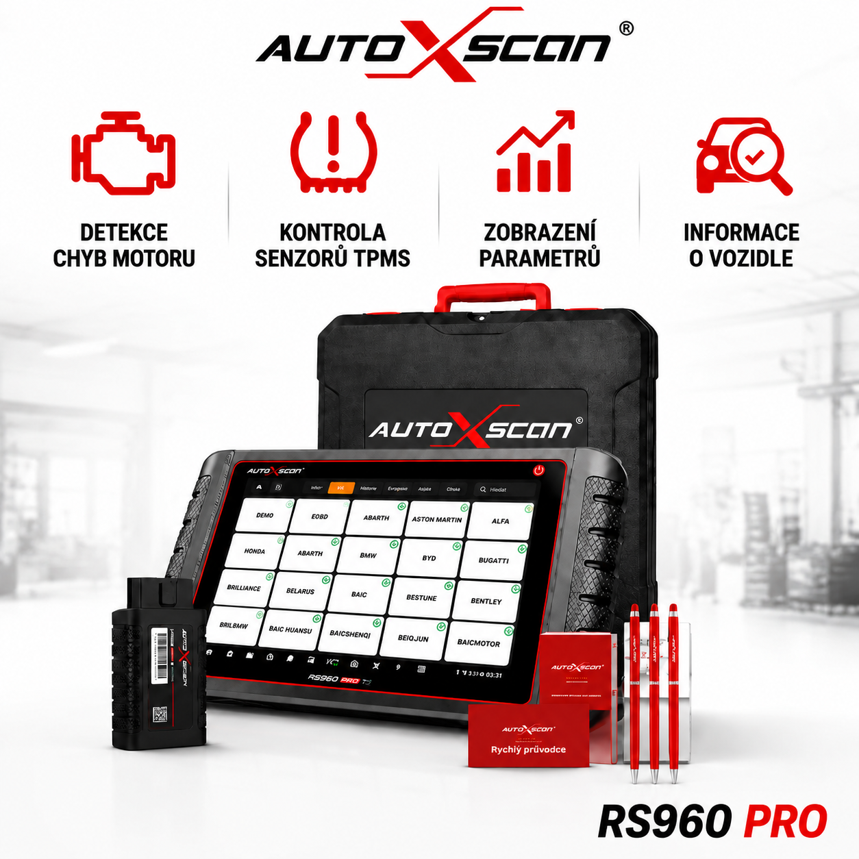 RS960 PRO je profesionální diagnostický přístroj pro automobily, který podporuje skenování celého systému, analýzu závad a diagnostiku a programování TPMS, což umožňuje rychlé a přesné řešení problémů s vozidlem.