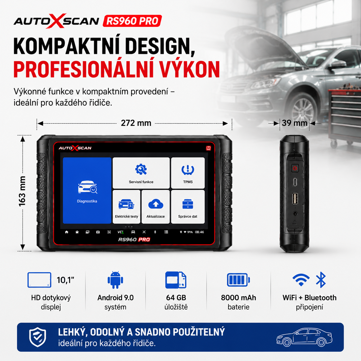 AUTOXSCAN RS960 PRO je profesionální diagnostický přístroj pro automobily, který podporuje skenování celého systému, analýzu závad a diagnostiku a programování TPMS, což umožňuje rychlé a přesné řešení problémů s vozidlem.