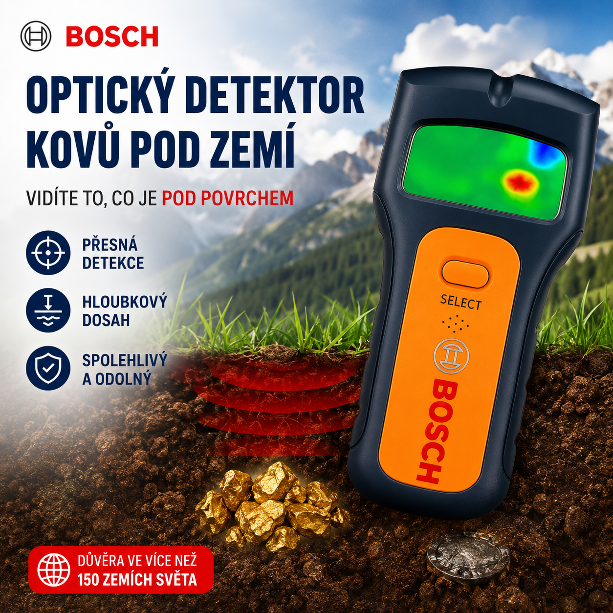 Optický detektor kovů Bosch vám pomůže rychle a přesně lokalizovat kovové předměty pod zemí pomocí přehledné barevné vizualizace.