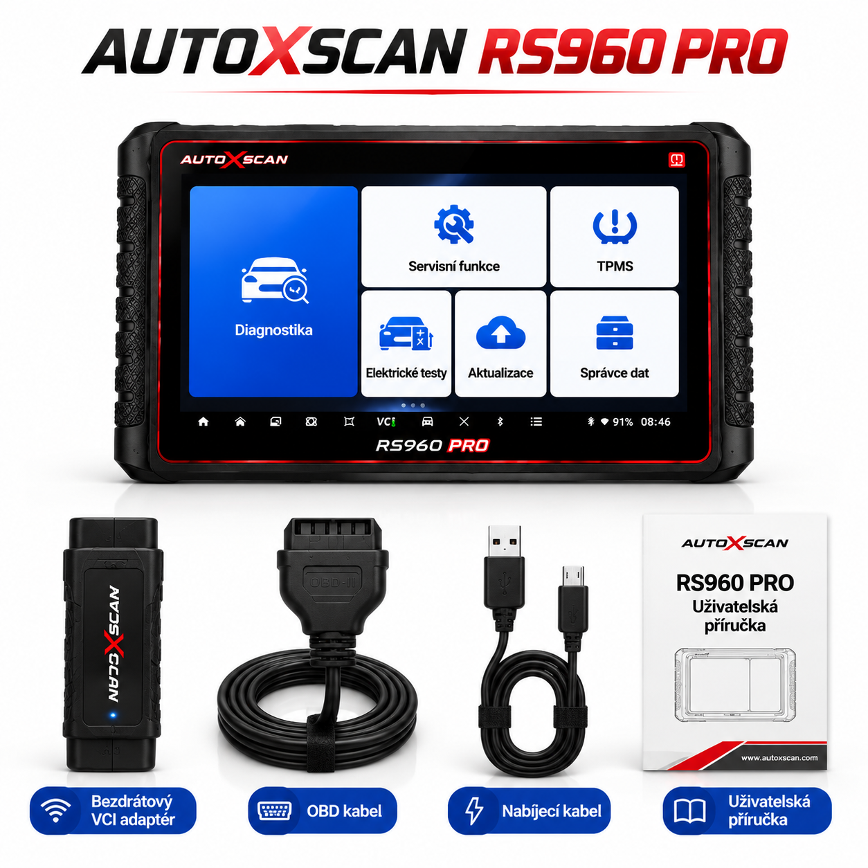 AUTOXSCAN RS960 PRO je profesionální diagnostický přístroj pro automobily, který podporuje skenování celého systému, analýzu závad a diagnostiku a programování TPMS, což umožňuje rychlé a přesné řešení problémů s vozidlem.