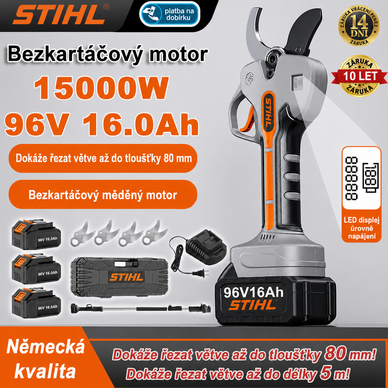 STIHL lítium kefe nélküli metszőolló 15000 W teleszkópos rúddal