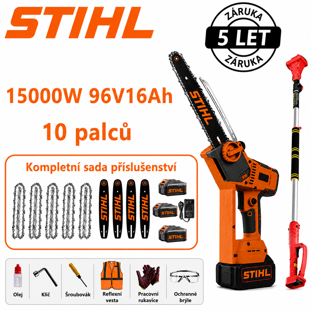 Teleskopická motorová pila STIHL 15000W lithiová baterie s prodlužovací tyčí