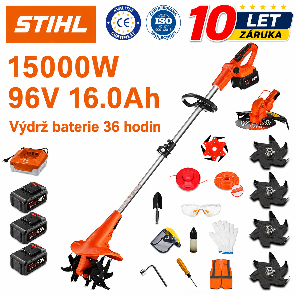 Sada bezkartáčové sekačky STIHL 15 000 W s dlouhou rukojetí a výsuvným žacím nožem