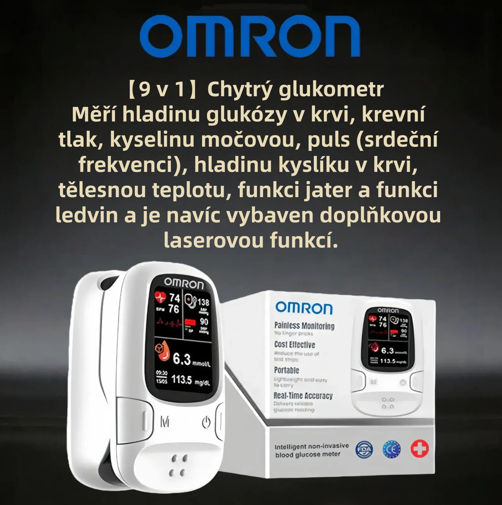 neinvazivní glukometr bez jehly měření glukózy krevní tlak okysličení krve