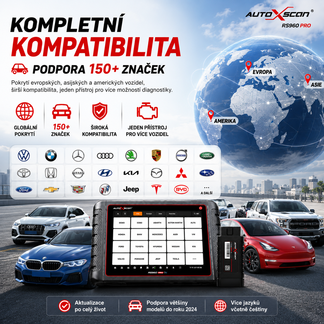 AUTOXSCAN RS960 PRO je profesionální diagnostický přístroj pro automobily, který podporuje skenování celého systému, analýzu závad a diagnostiku a programování TPMS, což umožňuje rychlé a přesné řešení problémů s vozidlem.