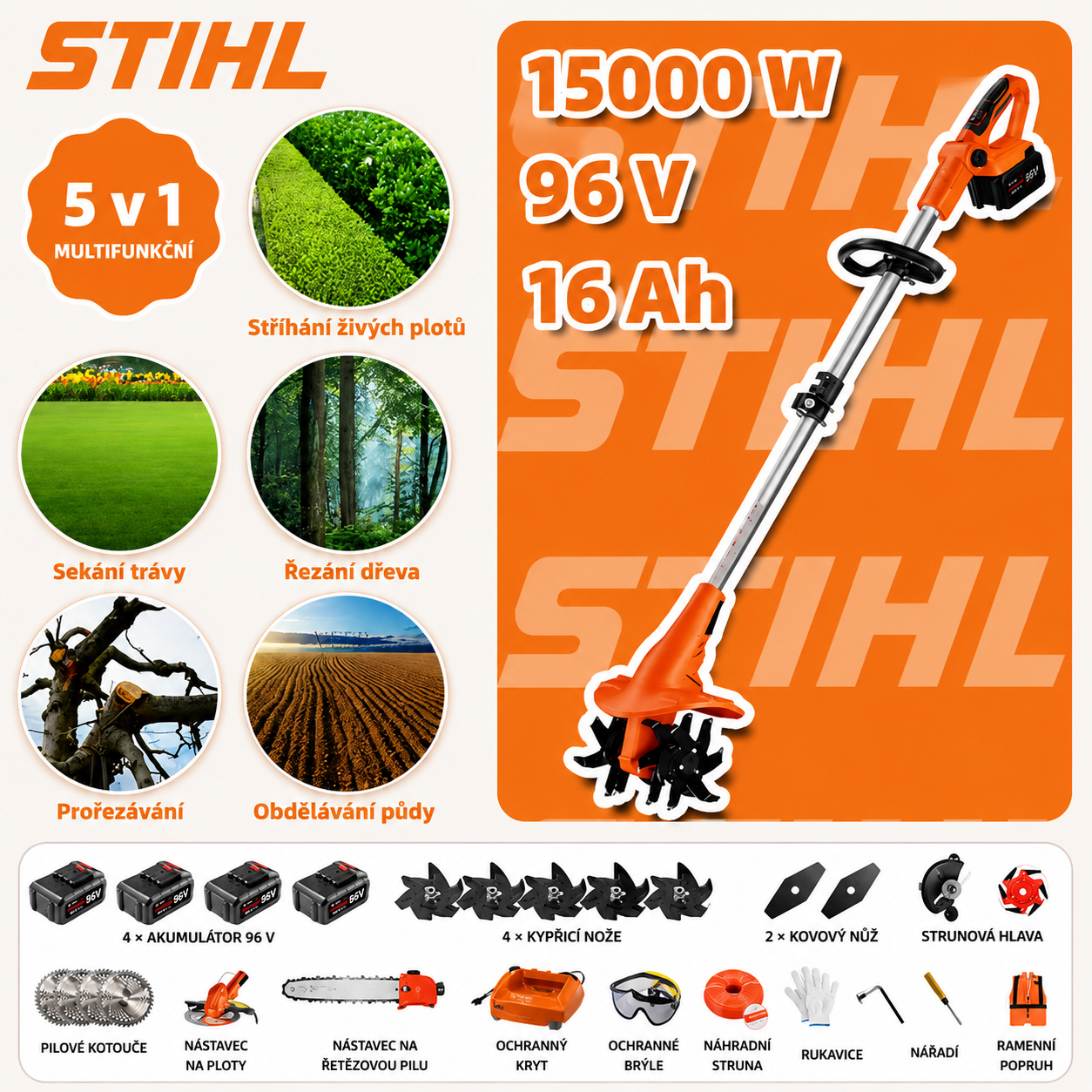 Sada bezkartáčové sekačky STIHL 15 000 W s dlouhou rukojetí a výsuvným žacím nožem