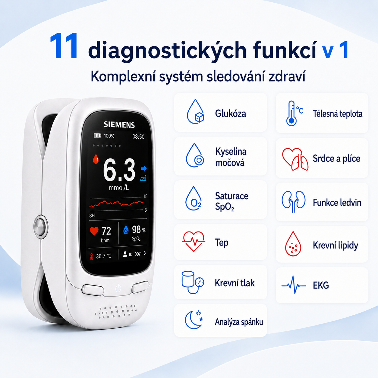 🩸 Nový neinvazivní glukometr Siemens 11 v 1 | Bezbolestné domácí měření glukózy 📊