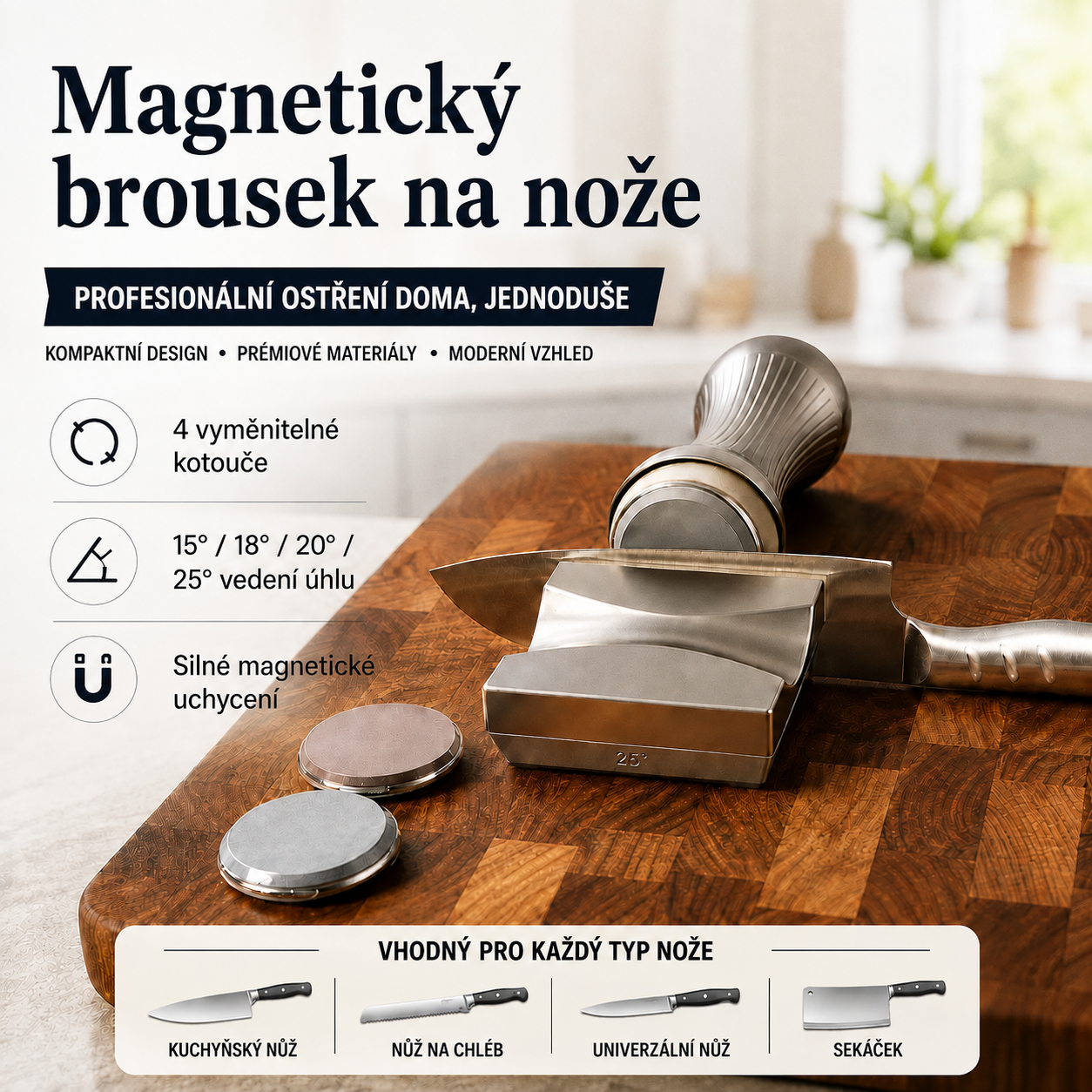 🔪 Magnetický úhlový vodicí válečkový ostřič nožů – se 4 kotouči pro ostření s různou jemností 🧲