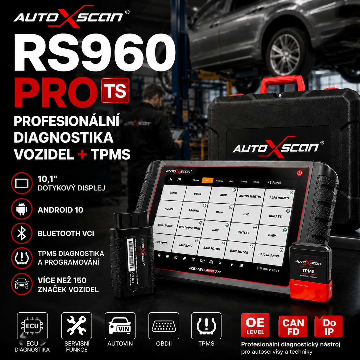 AUTOXSCAN RS960 PRO je profesionální diagnostický přístroj pro automobily, který podporuje skenování celého systému, analýzu závad a diagnostiku a programování TPMS, což umožňuje rychlé a přesné řešení problémů s vozidlem.