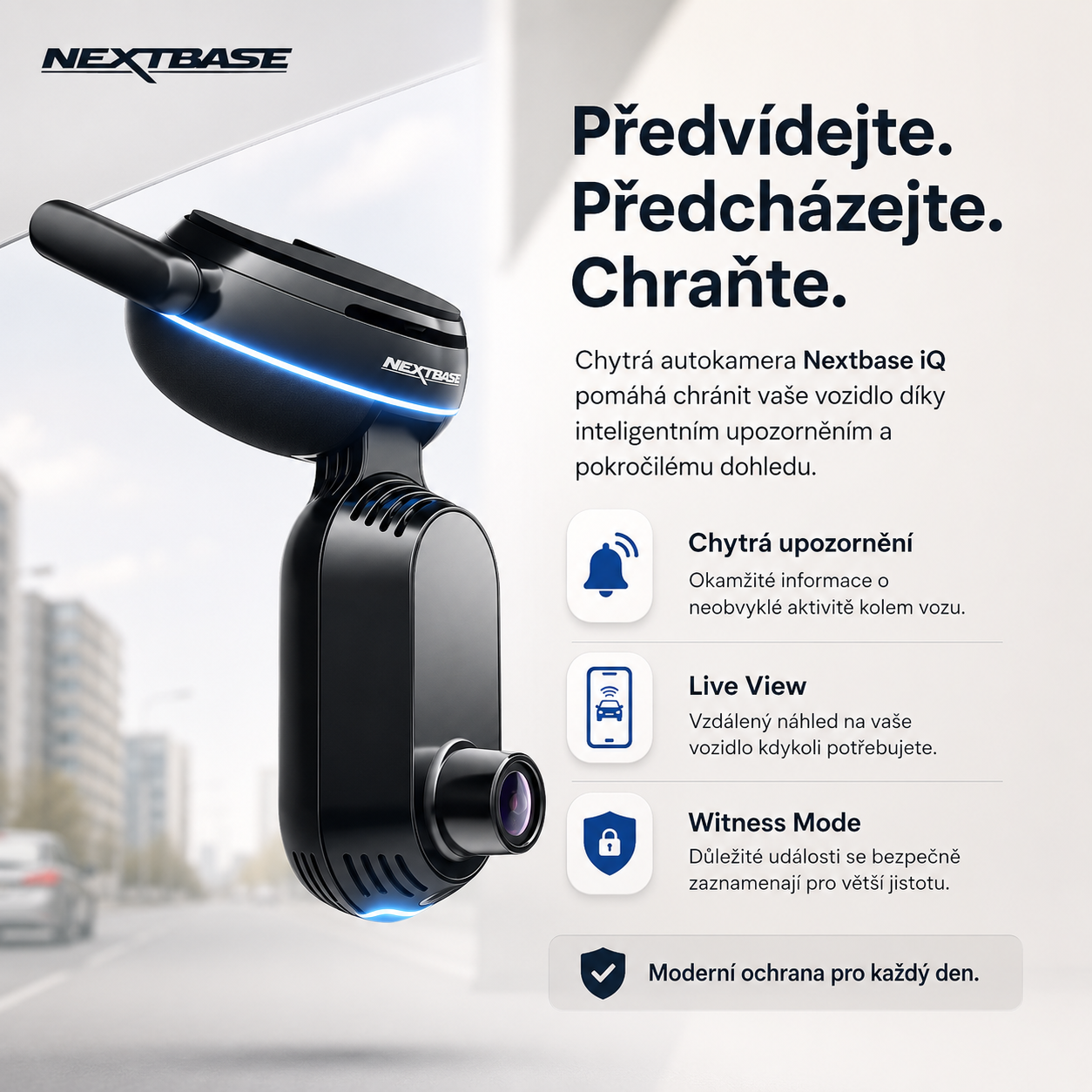 Nextbase iQ Smart Dash Cam poskytuje inteligentní ochranu během jízdy i při parkování. Díky 4K záznamu, 4G připojení, režimu Guardian a nouzovému SOS máte své vozidlo neustále pod kontrolou.