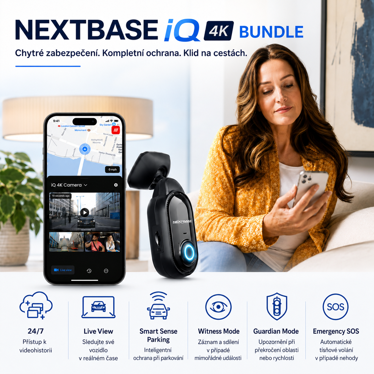 Nextbase iQ Smart Dash Cam poskytuje inteligentní ochranu během jízdy i při parkování. Díky 4K záznamu, 4G připojení, režimu Guardian a nouzovému SOS máte své vozidlo neustále pod kontrolou.