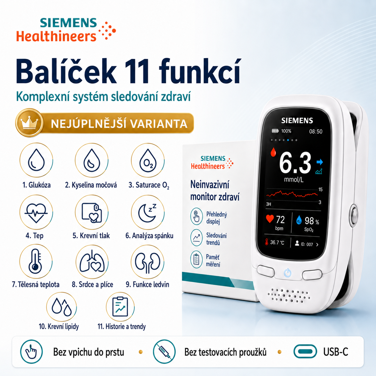 🩸 Nový neinvazivní glukometr Siemens 11 v 1 | Bezbolestné domácí měření glukózy 📊