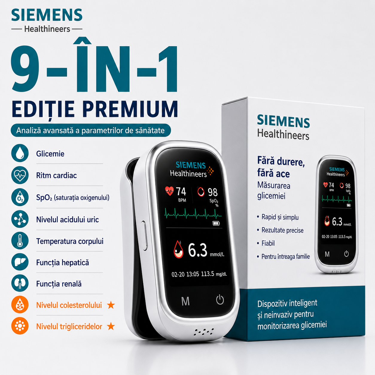 🩸Siemens™ Glucometru 11-în-1 fără înțepături** **Fără înțepături • Fără benzi de testare • Rezultat în doar 5 secunde