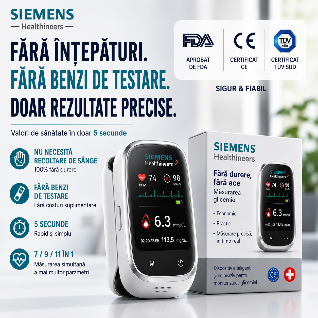 🩸Siemens™ Glucometru 11-în-1 fără înțepături** **Fără înțepături • Fără benzi de testare • Rezultat în doar 5 secunde