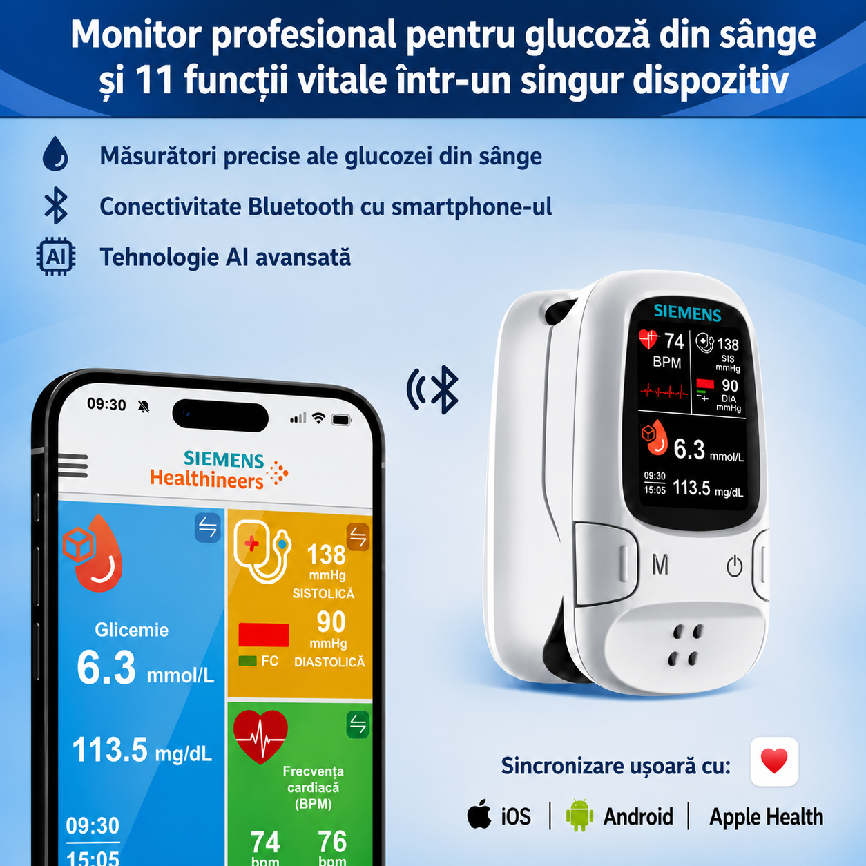 📊 Glucometru Siemens™ 11 în 1 fără ac Nu necesită înțepare • Nu necesită benzi de testare • Rezultate în doar 5 secunde