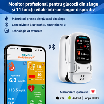 📊 Glucometru Siemens™ 11 în 1 fără ac Nu necesită înțepare • Nu necesită benzi de testare • Rezultate în doar 5 secunde