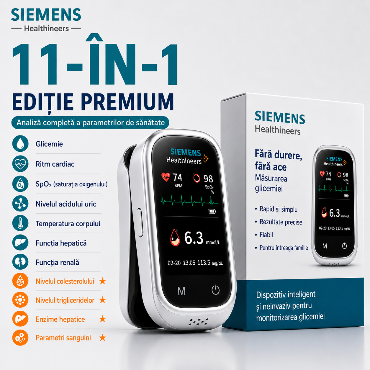 🩸Siemens™ Glucometru 11-în-1 fără înțepături** **Fără înțepături • Fără benzi de testare • Rezultat în doar 5 secunde