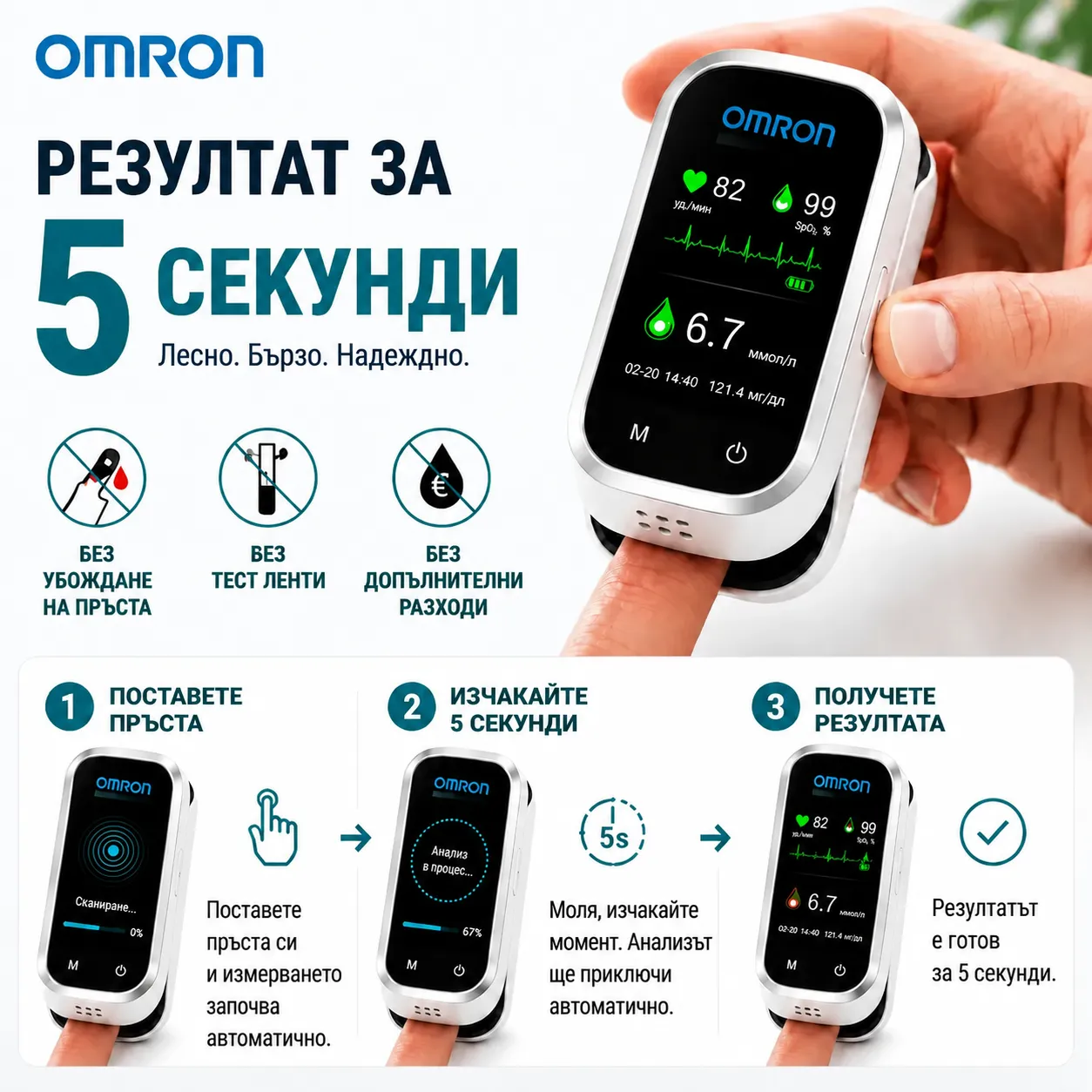 🩸Безиглен глюкомер Omron™ 11-в-1 • Без убождане • Без тест-ленти • Резултати само за 5 секунди🩸