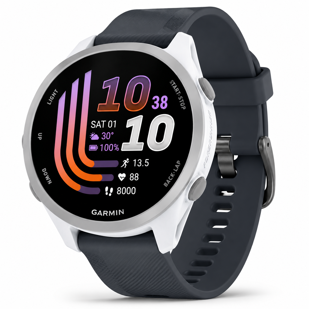 GARMIN | Nagy felbontású AMOLED kijelzővel és könnyű, hordozható kialakítással rendelkezik; átfogó adatelemzési képességeket kínál – beleértve a pulzusszám-variabilitás (HRV) monitorozását, több mint 80 vezetett edzést, valamint biztonsági és követési fun