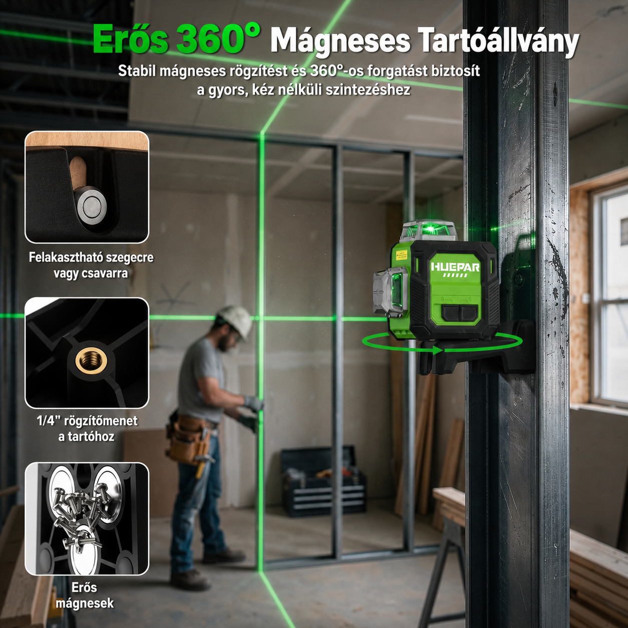 HUEPAR 3×360° Zöld Lézeres Szintező – Önszintező Professzionális Pontosság