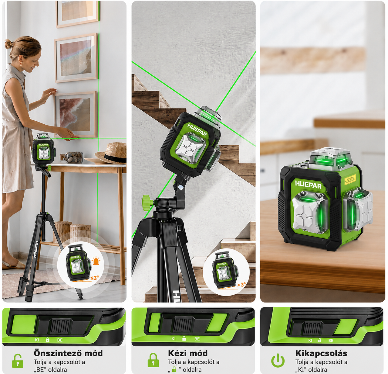 HUEPAR 3×360° Zöld Lézeres Szintező – Önszintező Professzionális Pontosság