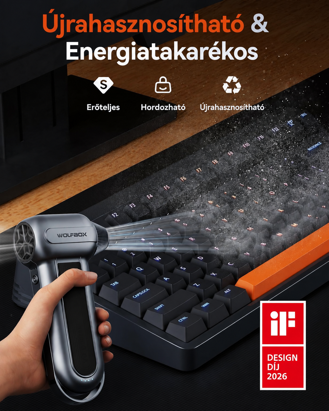 WOLFBOX MF100 Sűrített levegős tisztító — 150 000 fordulat/perc ultraerős tisztítófúvó | 3 sebességfokozat, újratölthető, kefe nélküli motor, hordozható porolóeszköz — ideális számítógépek, billentyűzetek és kültéri tisztításhoz