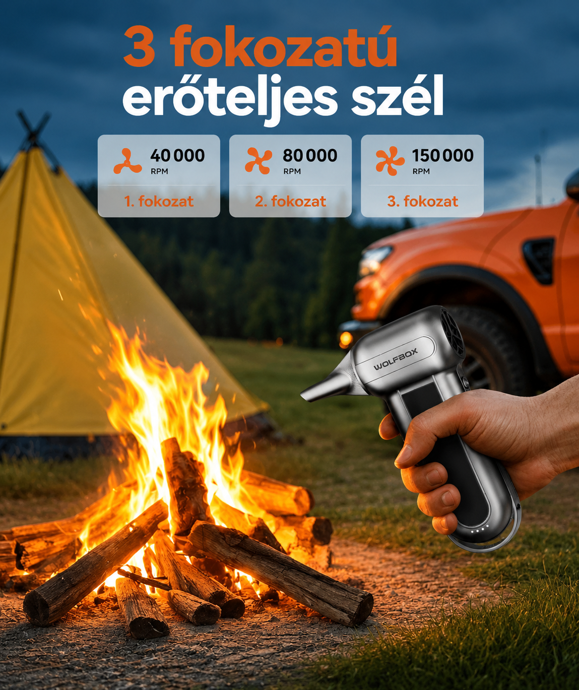 WOLFBOX MF100 Sűrített levegős tisztító — 150 000 fordulat/perc ultraerős tisztítófúvó | 3 sebességfokozat, újratölthető, kefe nélküli motor, hordozható porolóeszköz — ideális számítógépek, billentyűzetek és kültéri tisztításhoz