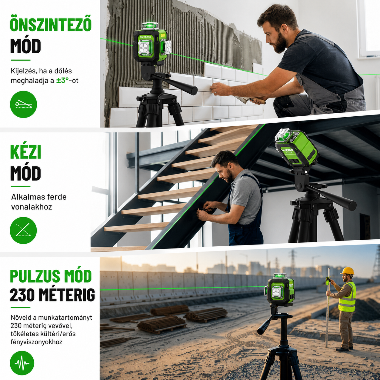 HUEPAR 3×360° Zöld Lézeres Szintező – Önszintező Professzionális Pontosság