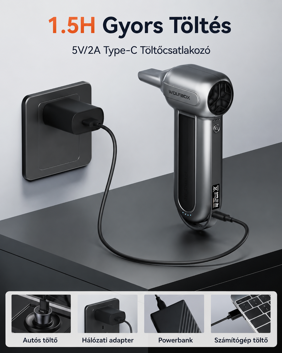 WOLFBOX MF100 Sűrített levegős tisztító — 150 000 fordulat/perc ultraerős tisztítófúvó | 3 sebességfokozat, újratölthető, kefe nélküli motor, hordozható porolóeszköz — ideális számítógépek, billentyűzetek és kültéri tisztításhoz