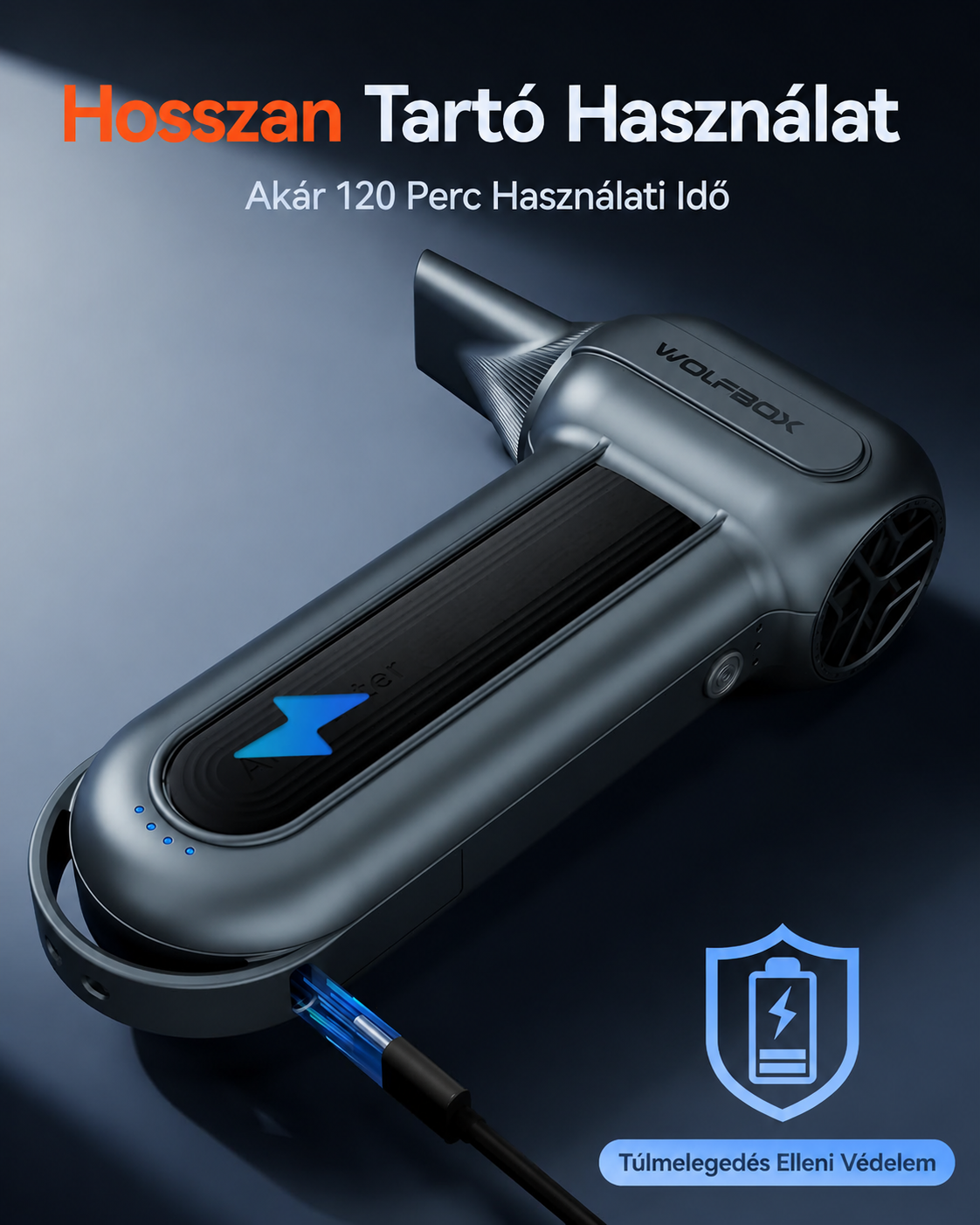 WOLFBOX MF100 Sűrített levegős tisztító — 150 000 fordulat/perc ultraerős tisztítófúvó | 3 sebességfokozat, újratölthető, kefe nélküli motor, hordozható porolóeszköz — ideális számítógépek, billentyűzetek és kültéri tisztításhoz