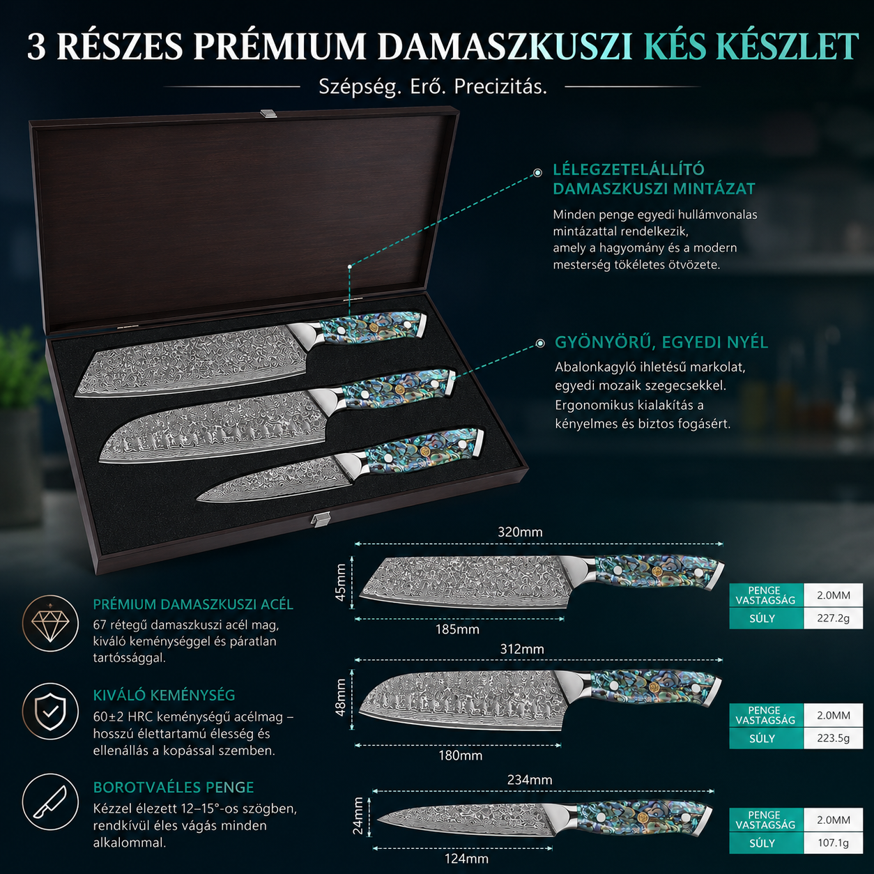 Damaszkuszi acél késkészlet – borotvaéles, rendkívül kemény és elegáns kivitelben, prémium ajándékdobozban