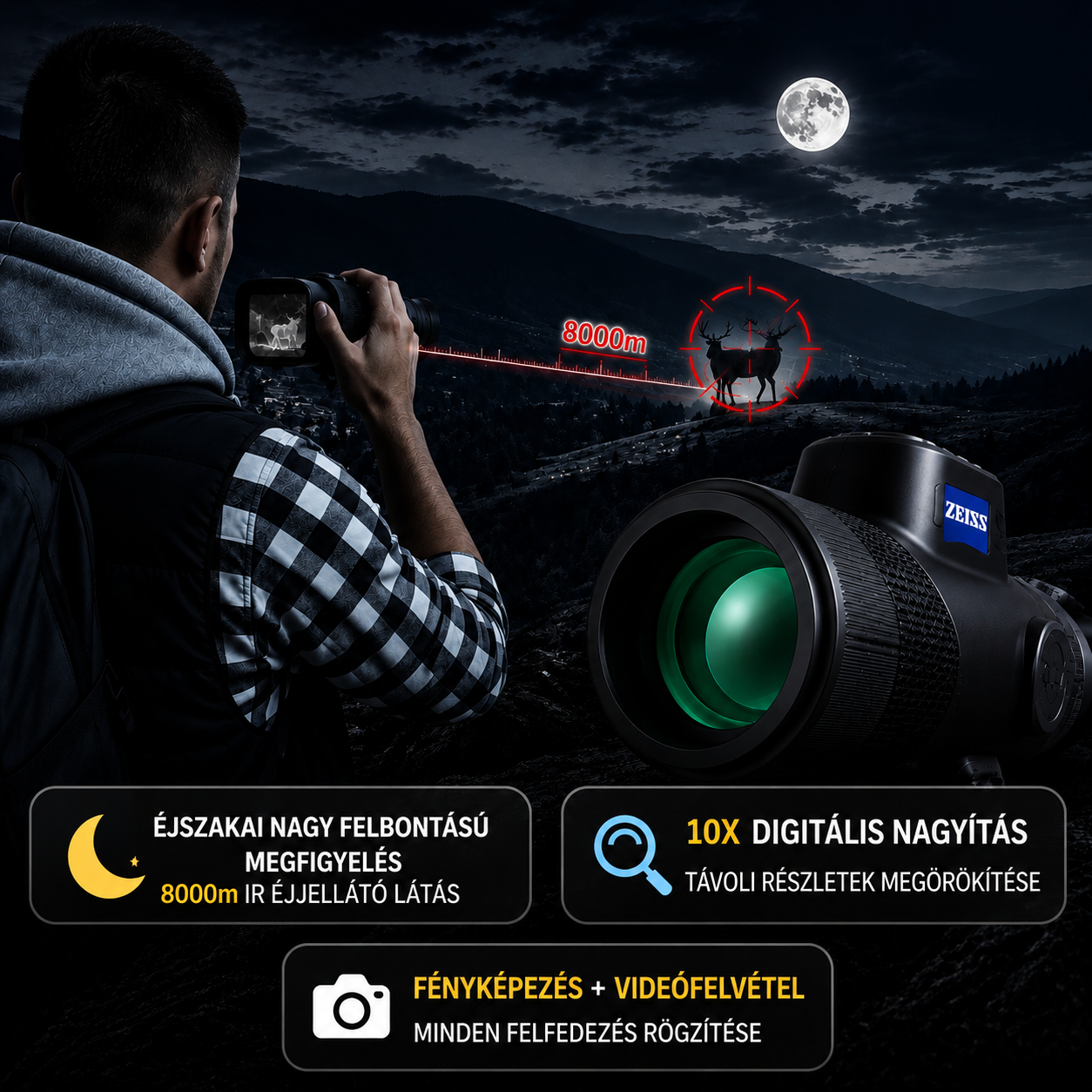 Láss minden részletet a sötétben | 10x HD digitális éjjellátó távcső 8000 m-es infravörös éjjellátó · 1080P HD képalkotás · Éjjel-nappal használható