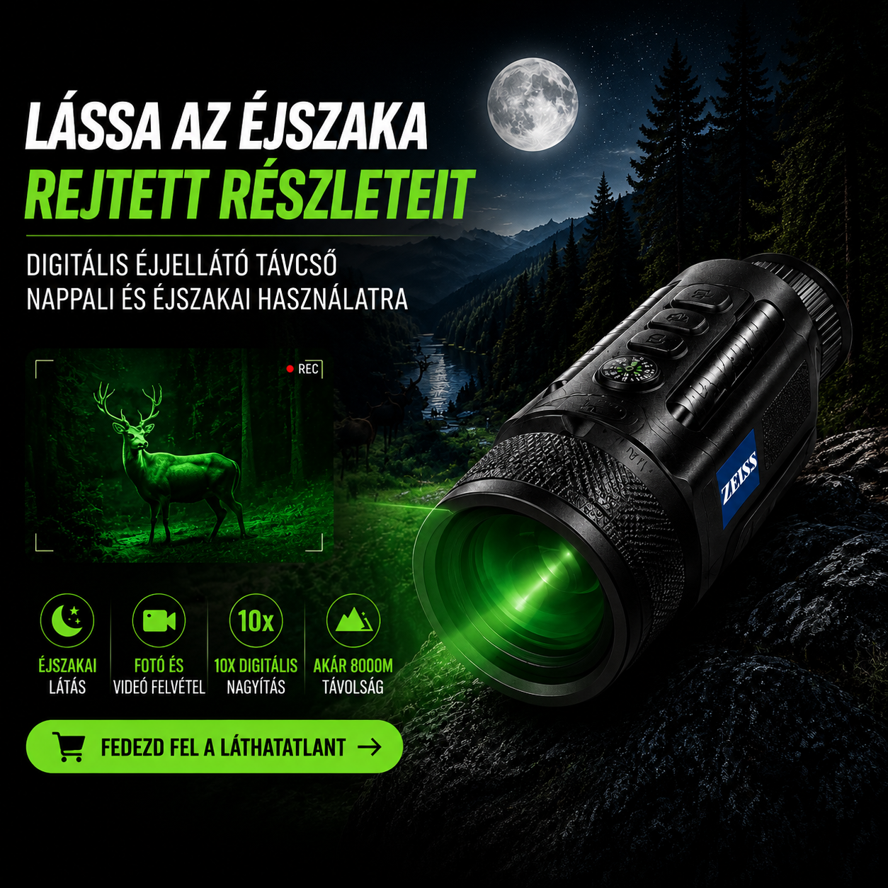 Láss minden részletet a sötétben | Zeiss 10x HD digitális éjjellátó távcső 8000 m-es infravörös éjjellátó · 1080P HD képalkotás · Éjjel-nappal használható