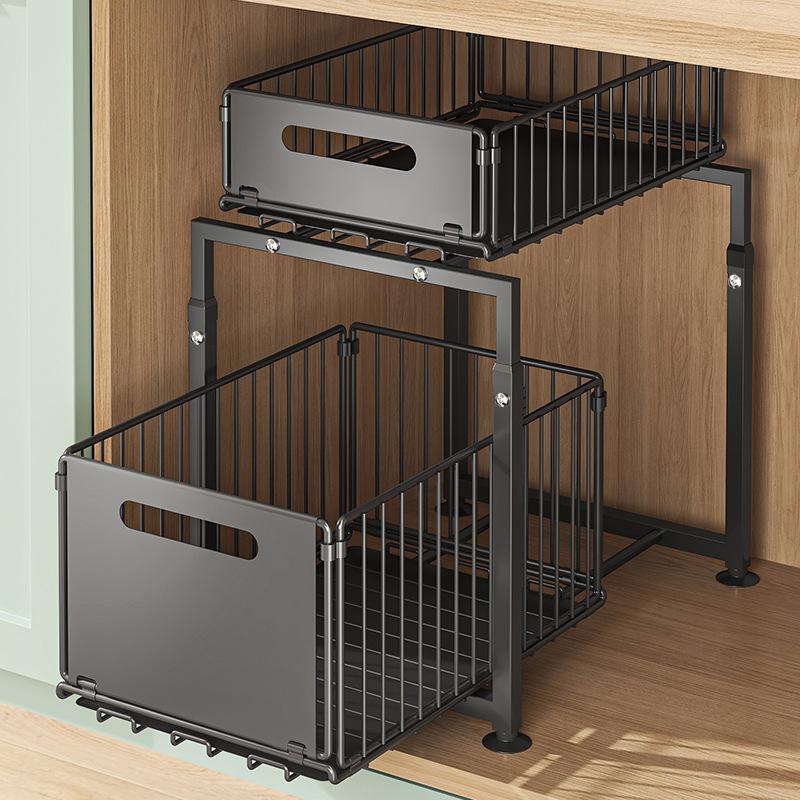 Organizer Estraibile a 2 Livelli per Sottolavello e Armadietti da Cucina, Cassetto Scorrevole, Grande Capacità, Ripiani Regolabili, Ideale per Spezie, Detergenti e Accessori da Cucina