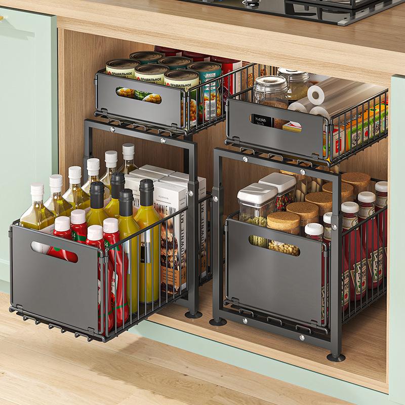 Organizer Estraibile a 2 Livelli per Sottolavello e Armadietti da Cucina, Cassetto Scorrevole, Grande Capacità, Ripiani Regolabili, Ideale per Spezie, Detergenti e Accessori da Cucina